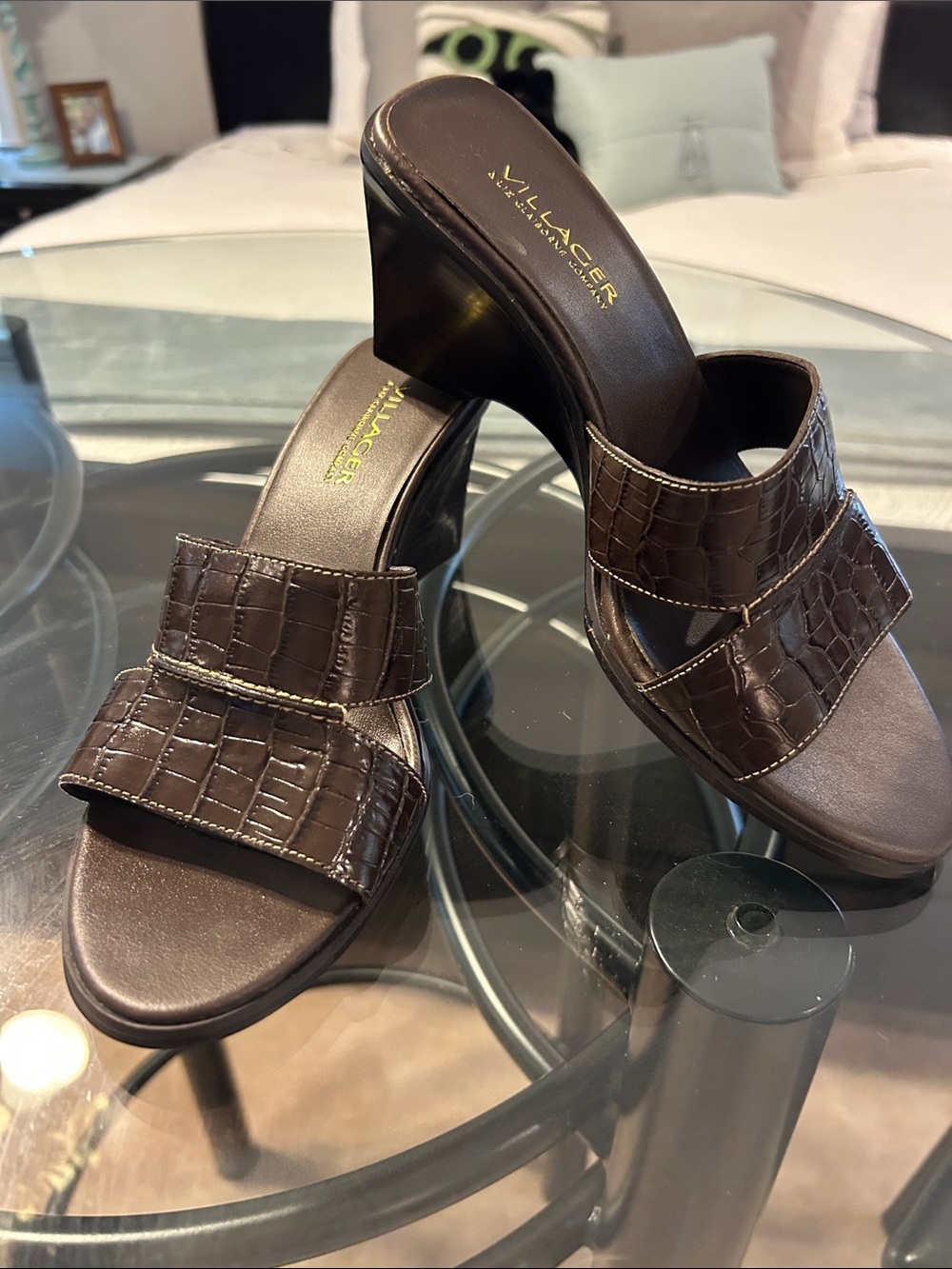 Villager Dark Brown Croc-Embossed Leather Slide Sandals